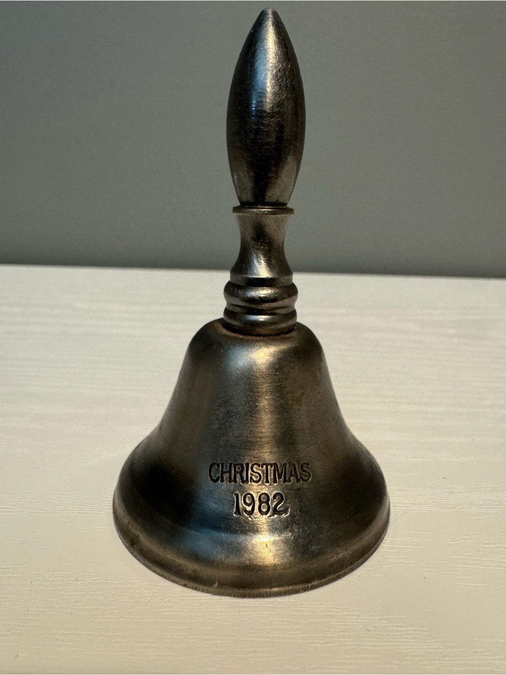 Vintage Christmas 1982 Commemorative Hand Bell - Pewter Tone